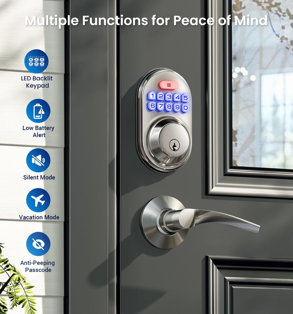 RZ-C Keyless Entry Door Lock with 2 Lever Handles, Satin Nickel