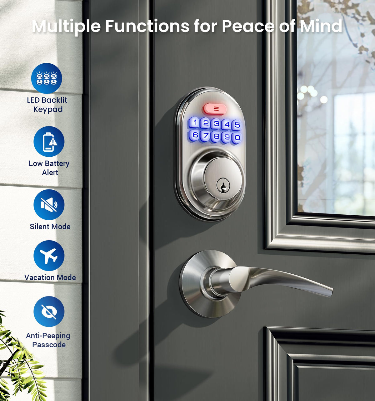 RZ-C Keyless Entry Door Lock with 2 Lever Handles, Satin Nickel