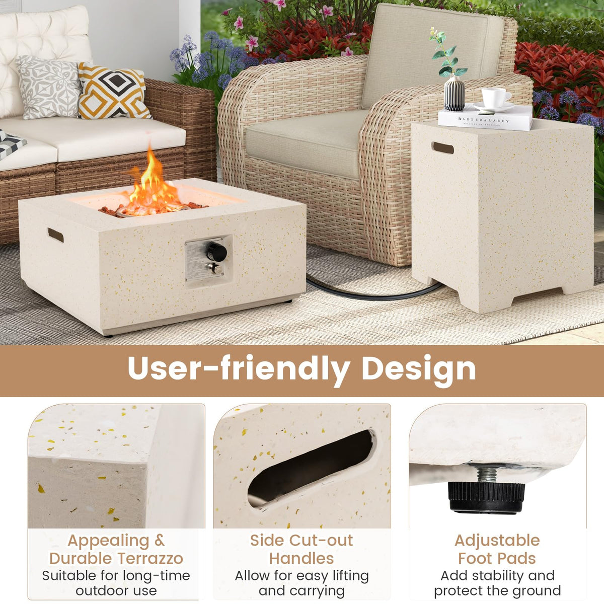 28 Inch Patio Propane Fire Pit Table with Hideaway Tank Holder, 40, 000 BTU Terrazzo Gas Fire Table with Lava Rocks