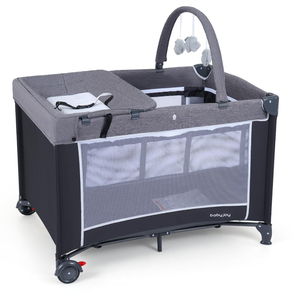3 in 1 Play Yard, Travel Crib Bassinet Bed for Baby, Changing Table w/Safety Belt, Hanging Bar, Lockable