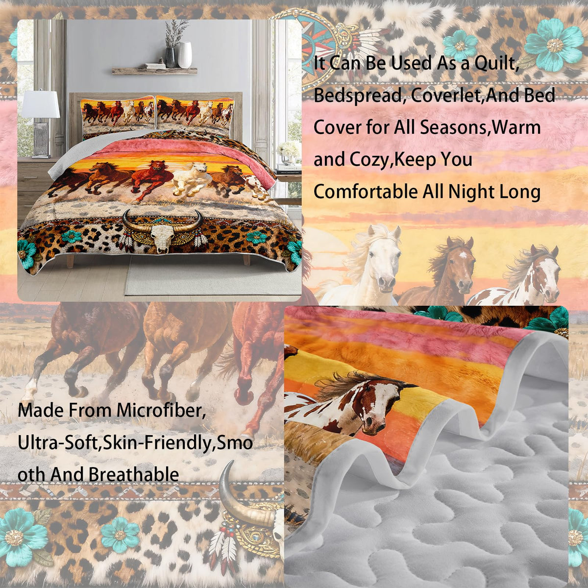 Western Horse Quilted Bedding Set, 3-Piece Running Horses Sunset Theme Bedspread Boho Coverlet, with 2