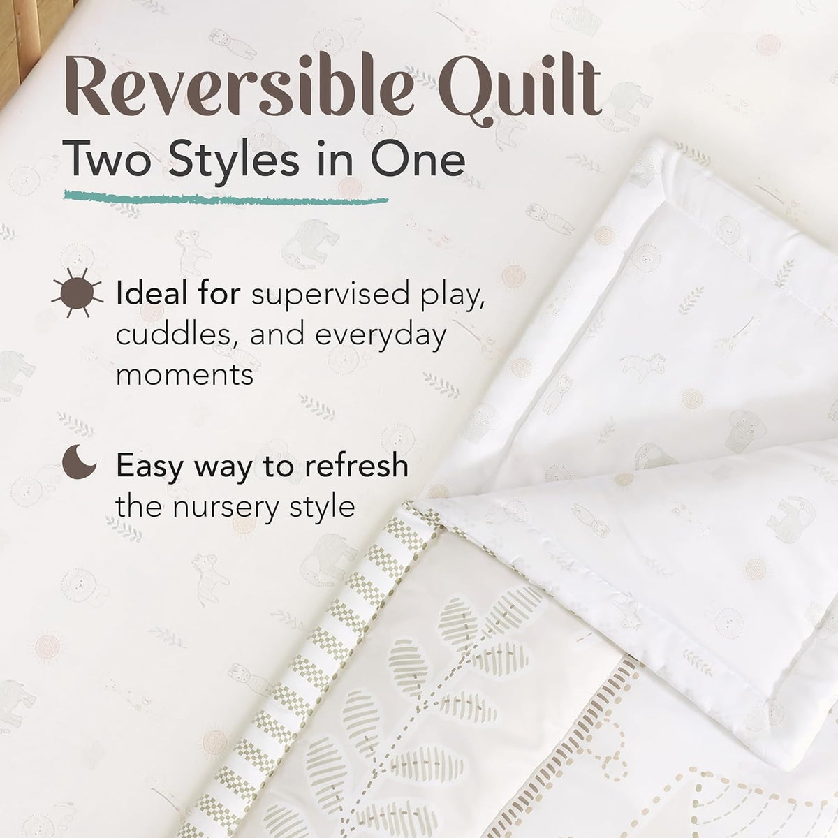 3-Piece Crib Bedding Set for Boys & Girls - Reversible Quilt, Fitted Sheet, Crib Skirt - Soft, Breathable & Durable