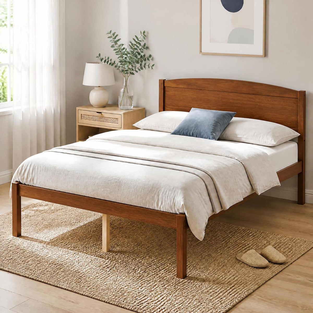 Full Size Bed Frame, Wooden Platform Bed with Curved Headboard