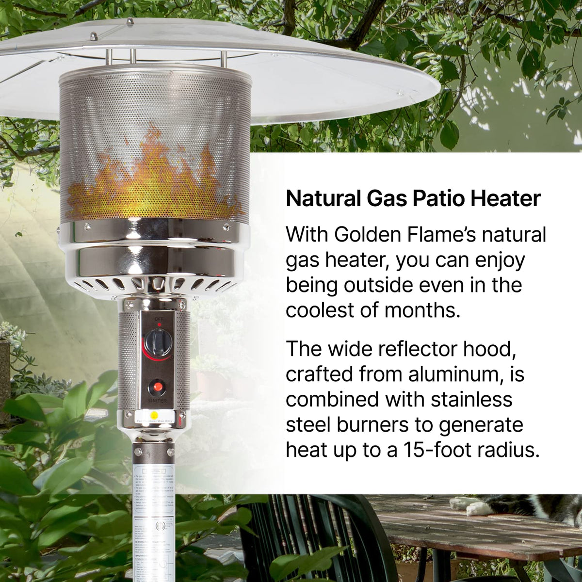 XL-Series Natural Gas Patio Heater, 45, 000 BTU, 89" Tall, Push-Button Ignition, Anti-Tilt Safety, Wheels, Hammered