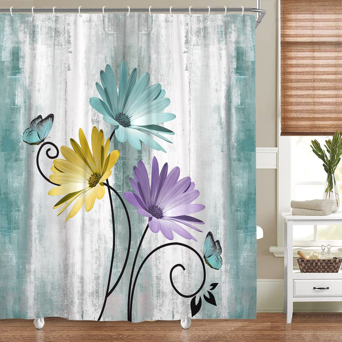 Happy Campers Rustic Farmhouse Shower Curtain, Farm Teal Daisy Floral Flowers on Country Wooden Travel Trailer