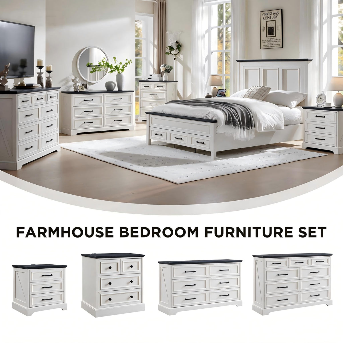 Farmhouse Bed Frame with 53" Tall Headboard, Off White