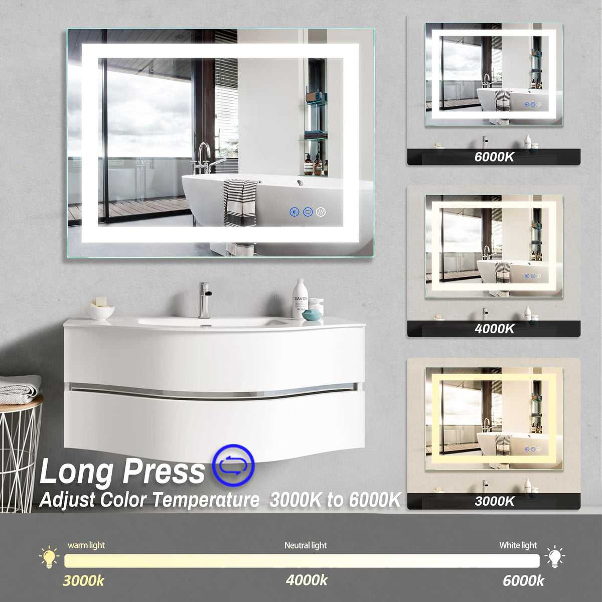 32"x 24" LED Bathroom Mirror Vanity Mirror, Anti-Fog, Dimmable, Color Temperature Adjustable 3000-6000K, Switch-held