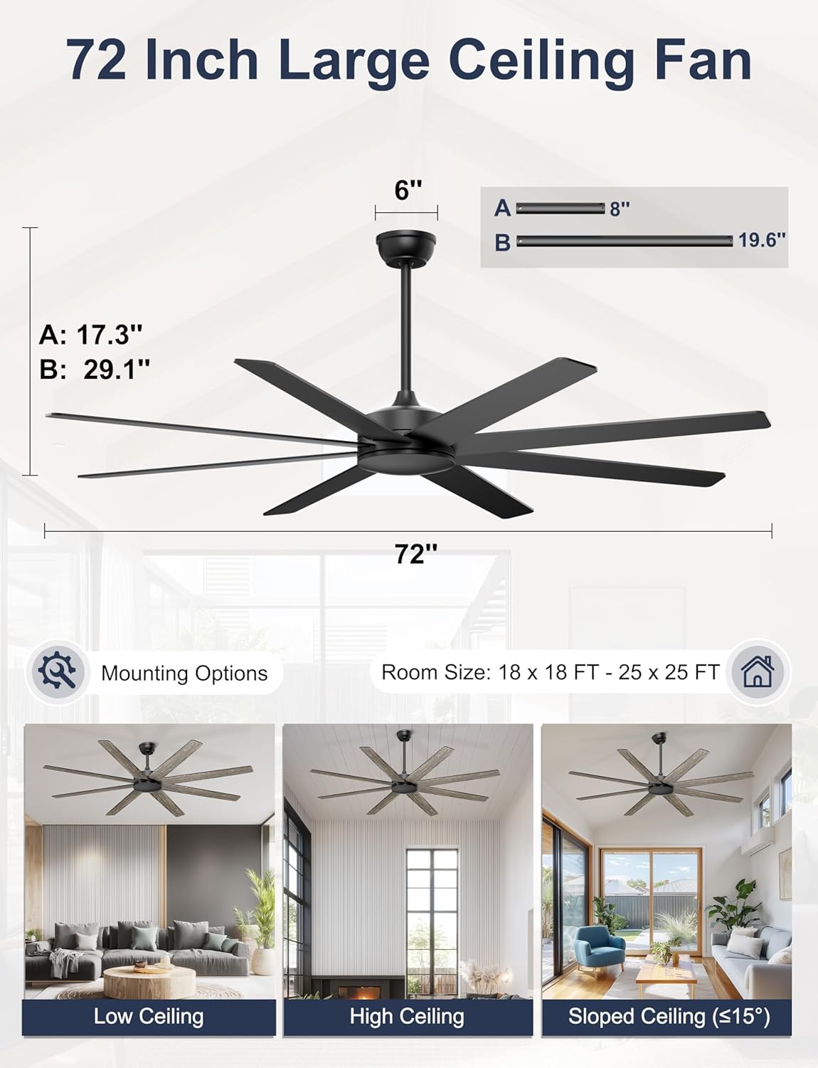72'' Large Ceiling Fans No Lights, Modern Black Ceiling Fan Remote/APP Control
