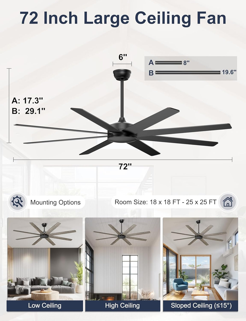 72'' Large Ceiling Fans No Lights, Modern Black Ceiling Fan Remote/APP Control
