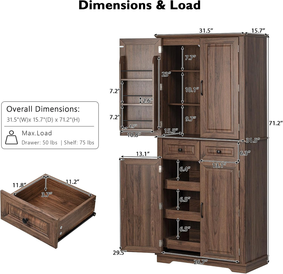 71" Tall Farmhouse Pantry Cabinet with Pull-Out Shelves, Brown | Farmhouse Pantry Cabinet, Pull-Out Organizers, Door