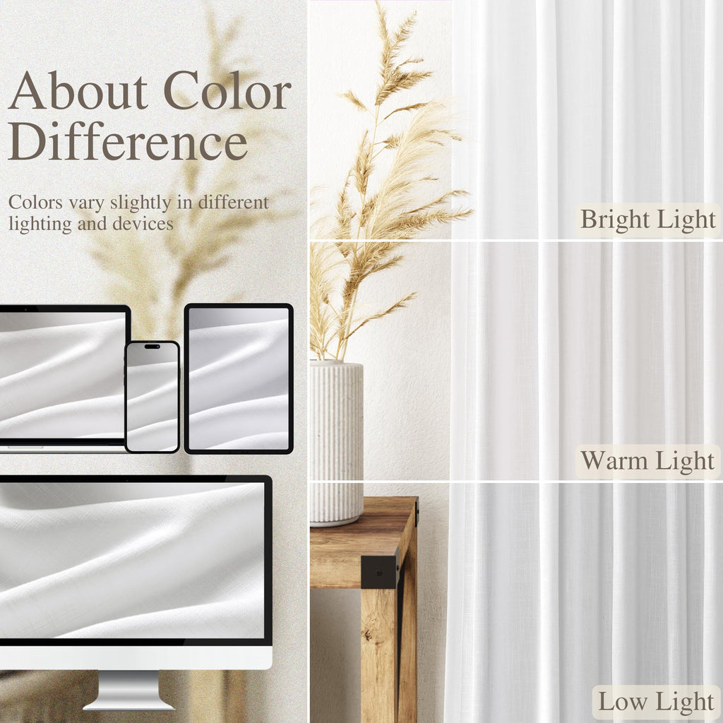 White Linen Curtains 83 Inch Length 2 Panels Set Back Tab Rod Pocket Semi Sheer Window Curtain Drapes Neutral Rustic