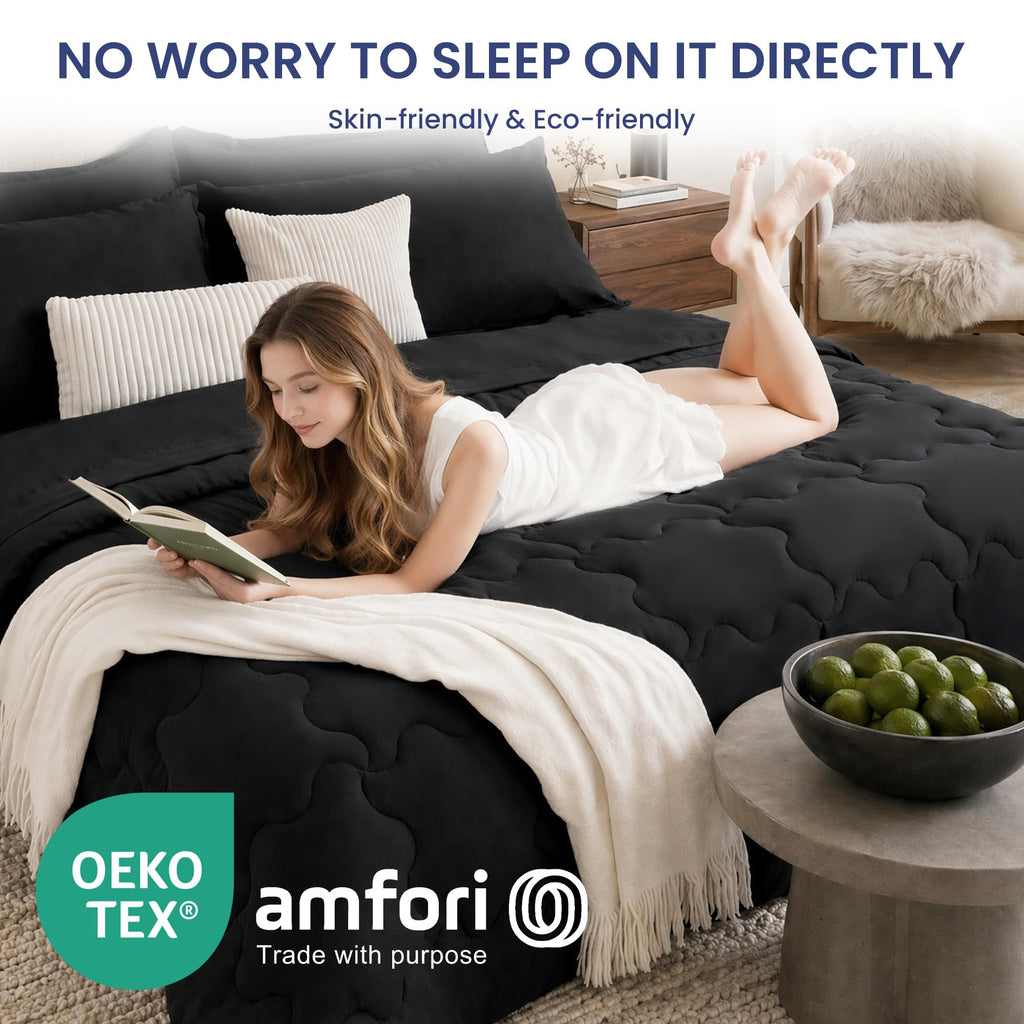 Black Comforter Set, Wavy Check Pattern, 7 Pieces