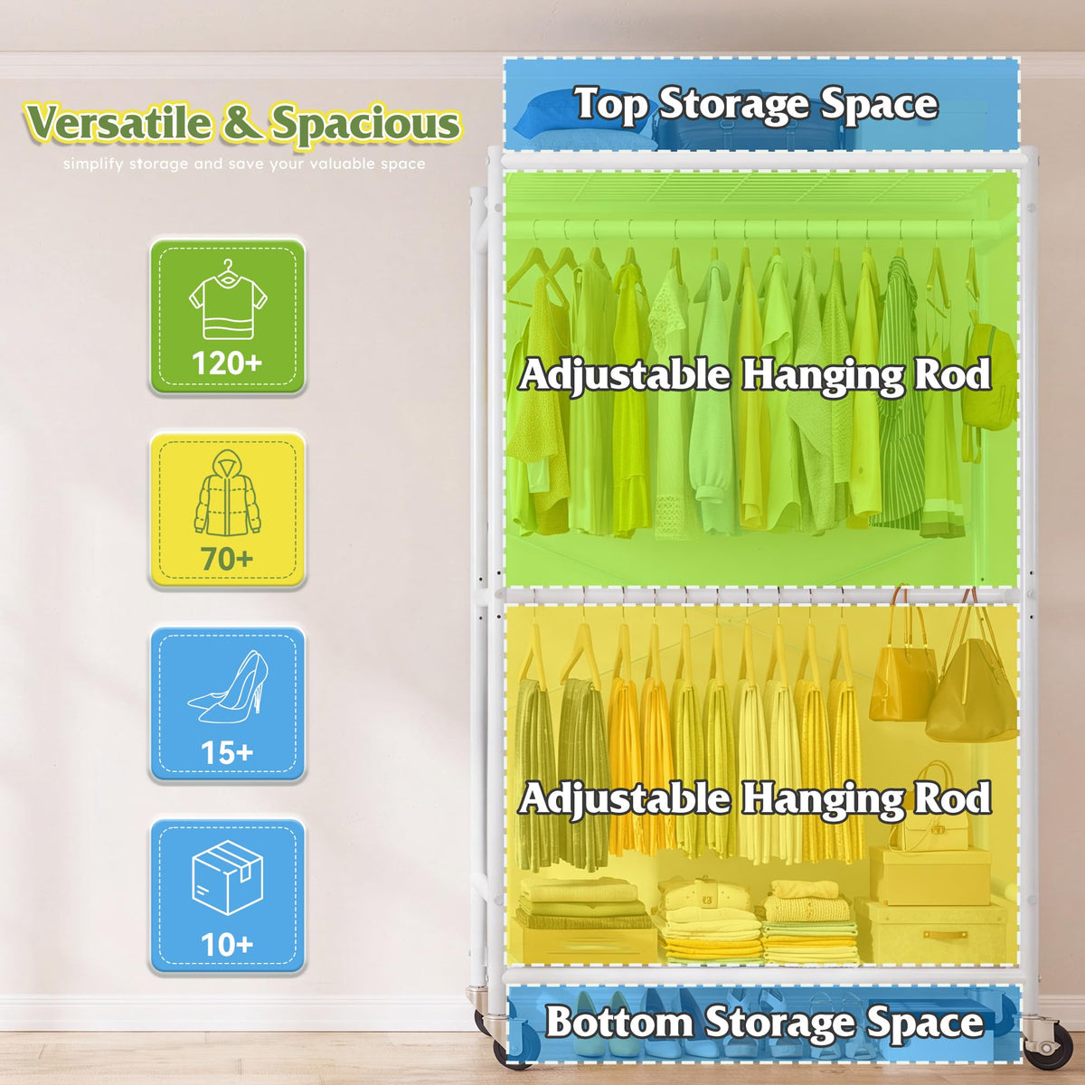 Rolling Clothes Rack with Cover, Heavy Duty Clothing Rack with Wheels, 120+ Garments Storage, Freestanding Portable