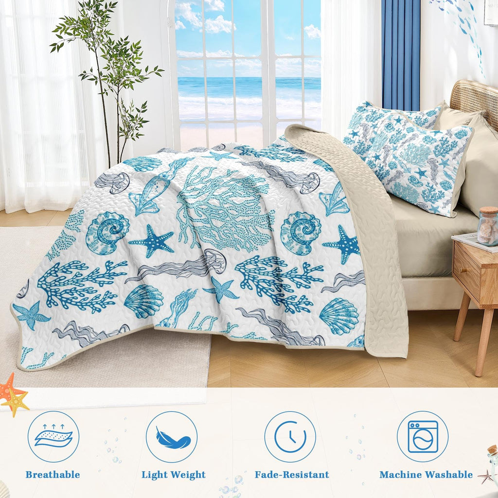Quilt Set, 3 Pieces Ocean Beach Bedding, Bedspread
