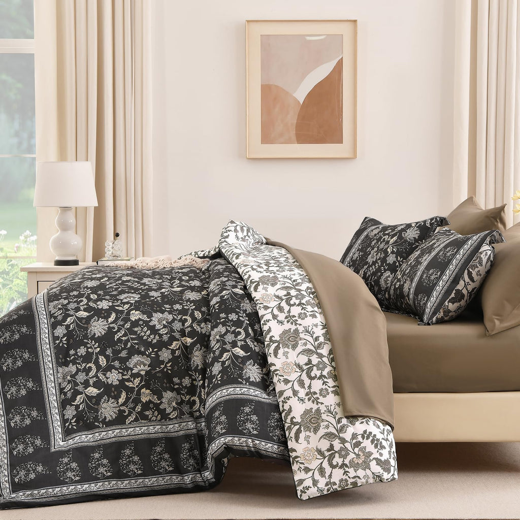 Boho Comforter Set Queen, Reversible Brown Gray Bedding Paisley 7 Piece