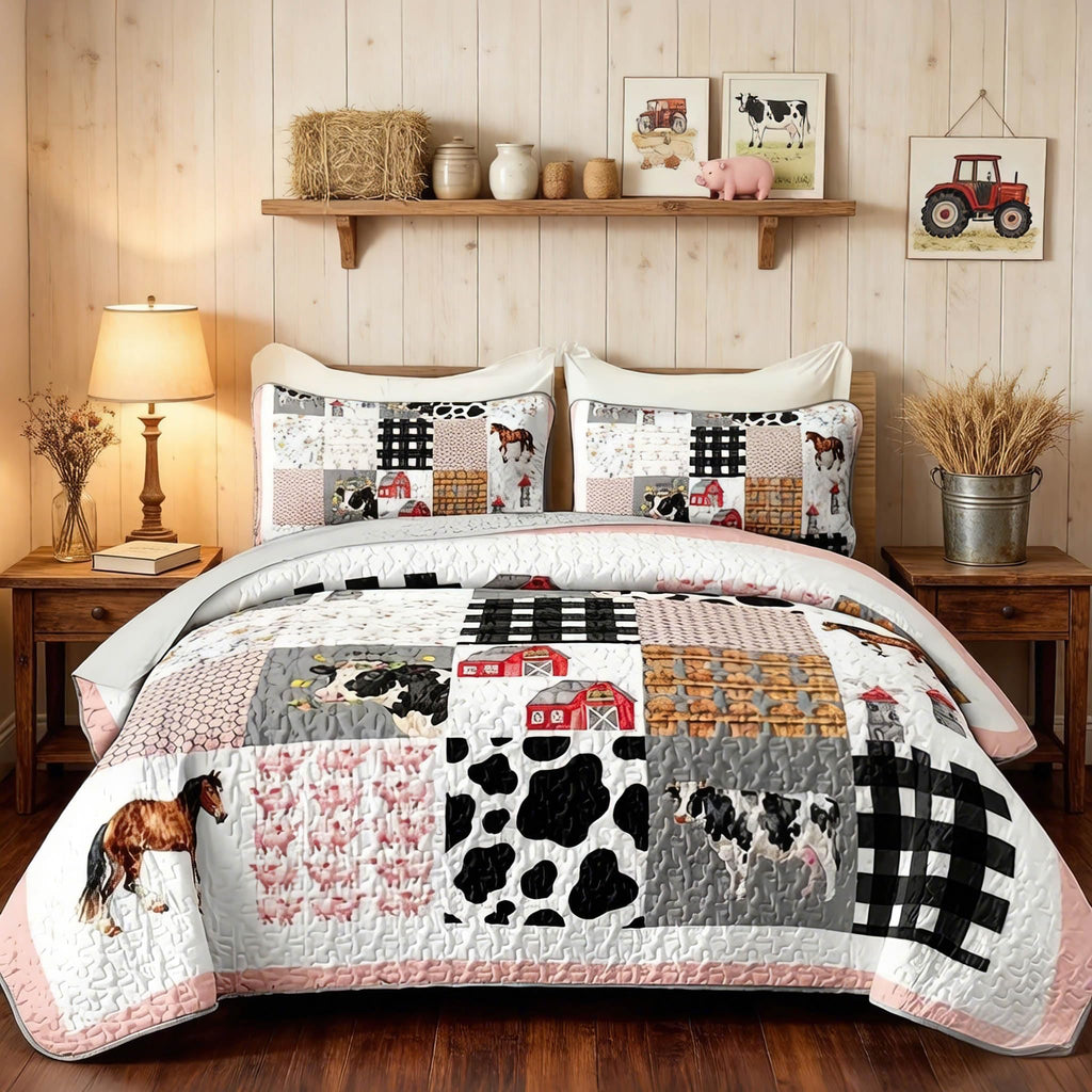 Farmhouse Patchwork Quilt, Country Bedding with 2 Pillowcases.