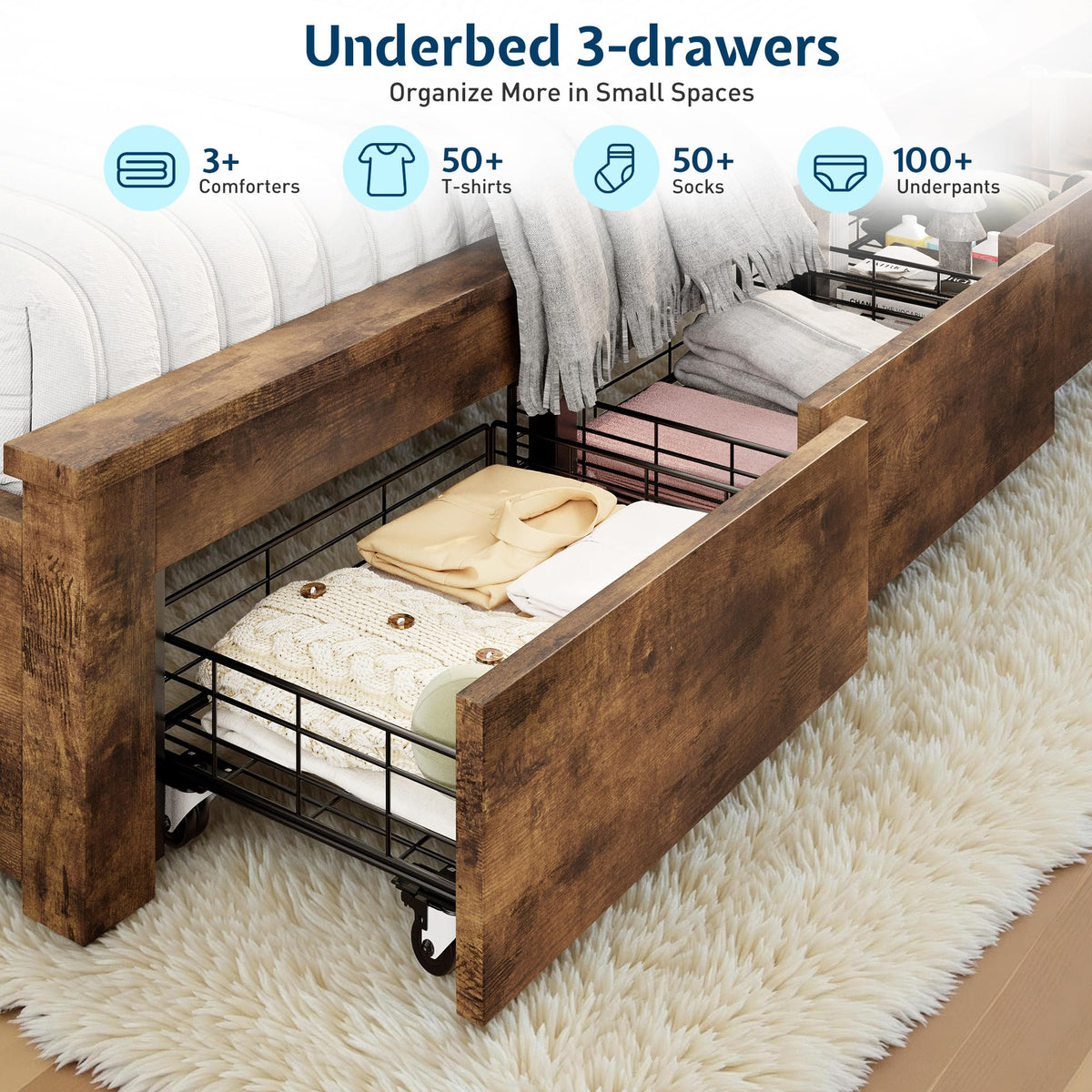 Bed Frame Bookcase Headboard, USB/LED&3 Drawers, Rustic Oak