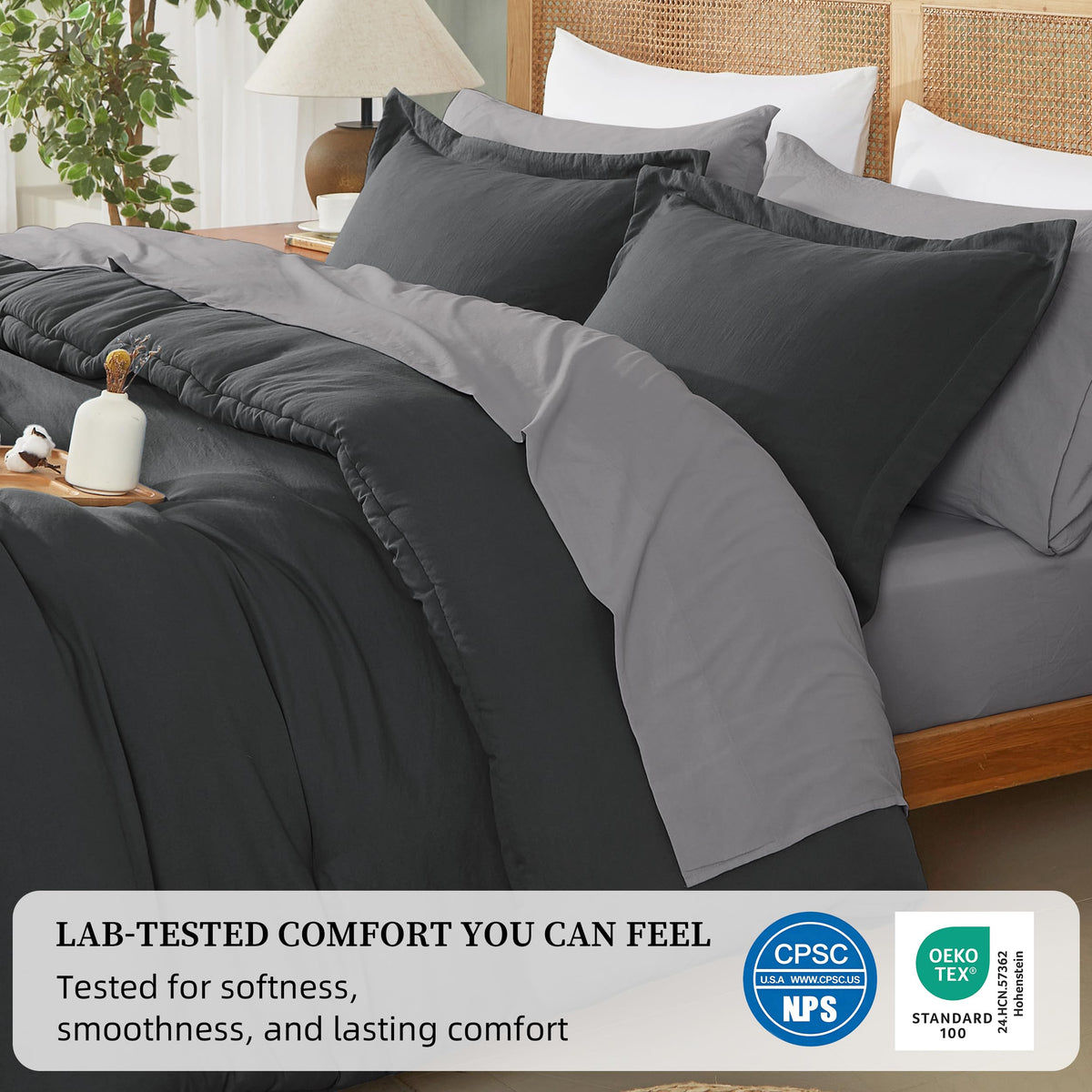 Prewashed Comforter Set 7 Pieces, Drak Gray Bed Set