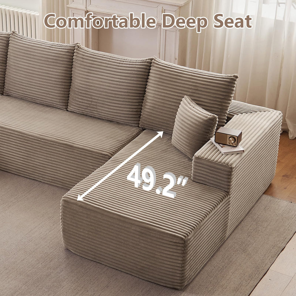 Cloud Sectional Boneless Couch U Shaped, Comfy Corduroy Modular Sectional Couches, 4 Seater Deep Seat Memory Foam