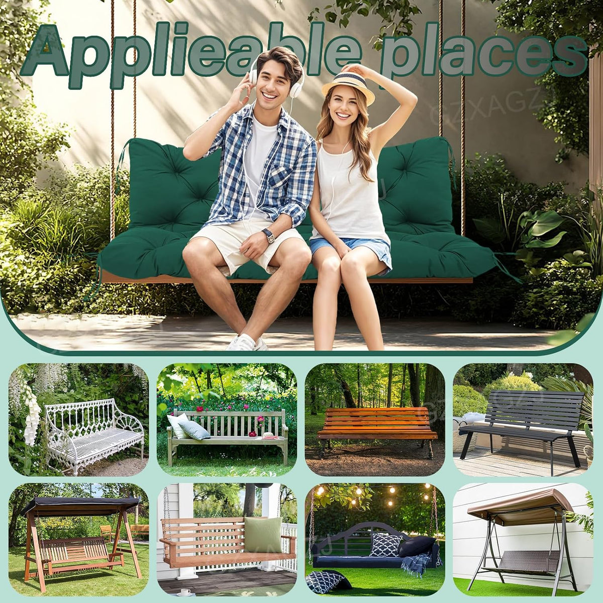 Outdoor Swing Cushions 48 inch Waterproof Porch Swing Cushions 2-3 Seater Replacement with Backrest and Ties Swing