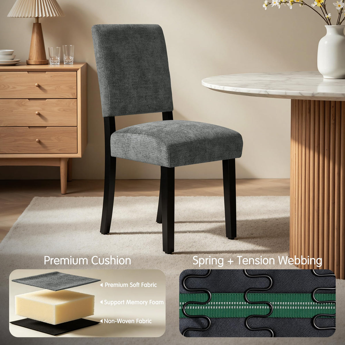 Set of 2, Upholstered Dining Room Chairs, Modern Farmhouse Parsons Chairs with Solid Wood Legs & Fabric Padded Seat