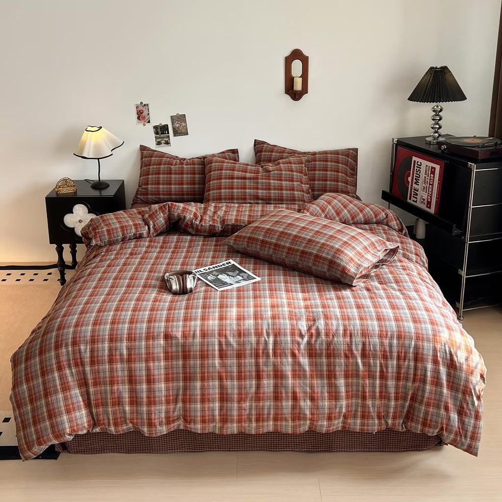 Caramel Blue Gingham Duvet Cover 100% Washed Cotton Buffalo Plaid Bedding Set 3pcs Grid Checkered Duvet Cover