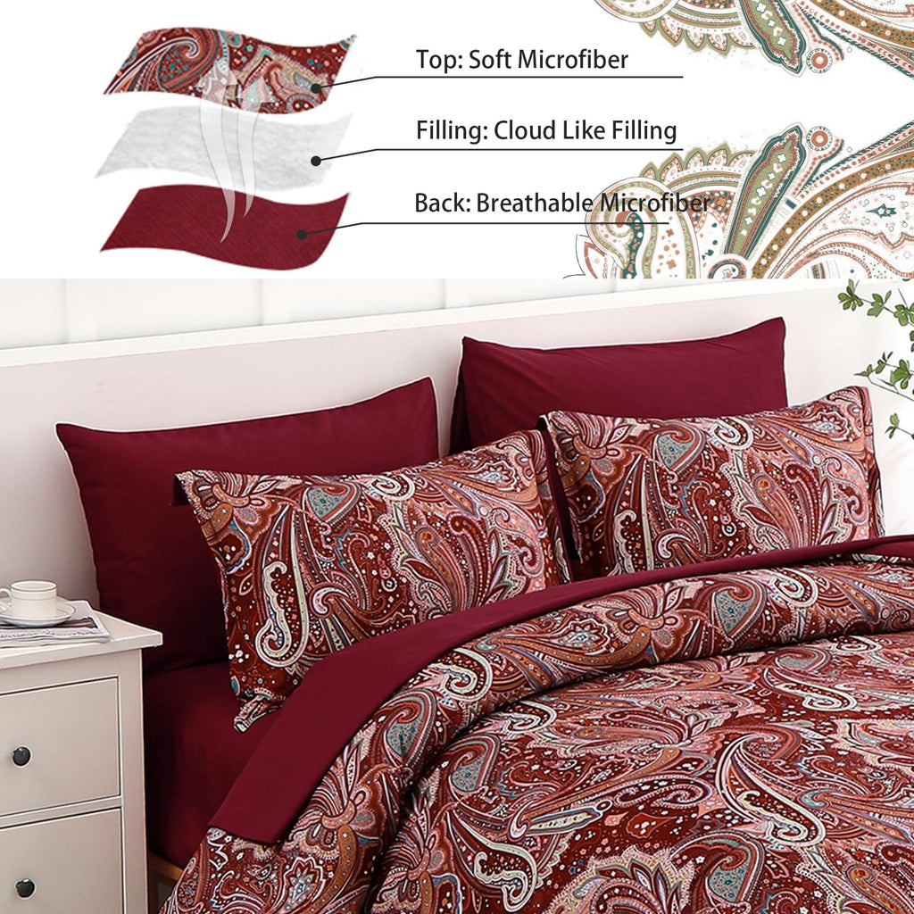 Red Paisley Comforter Set Queen Size 7 Piece Bed in a Bag
