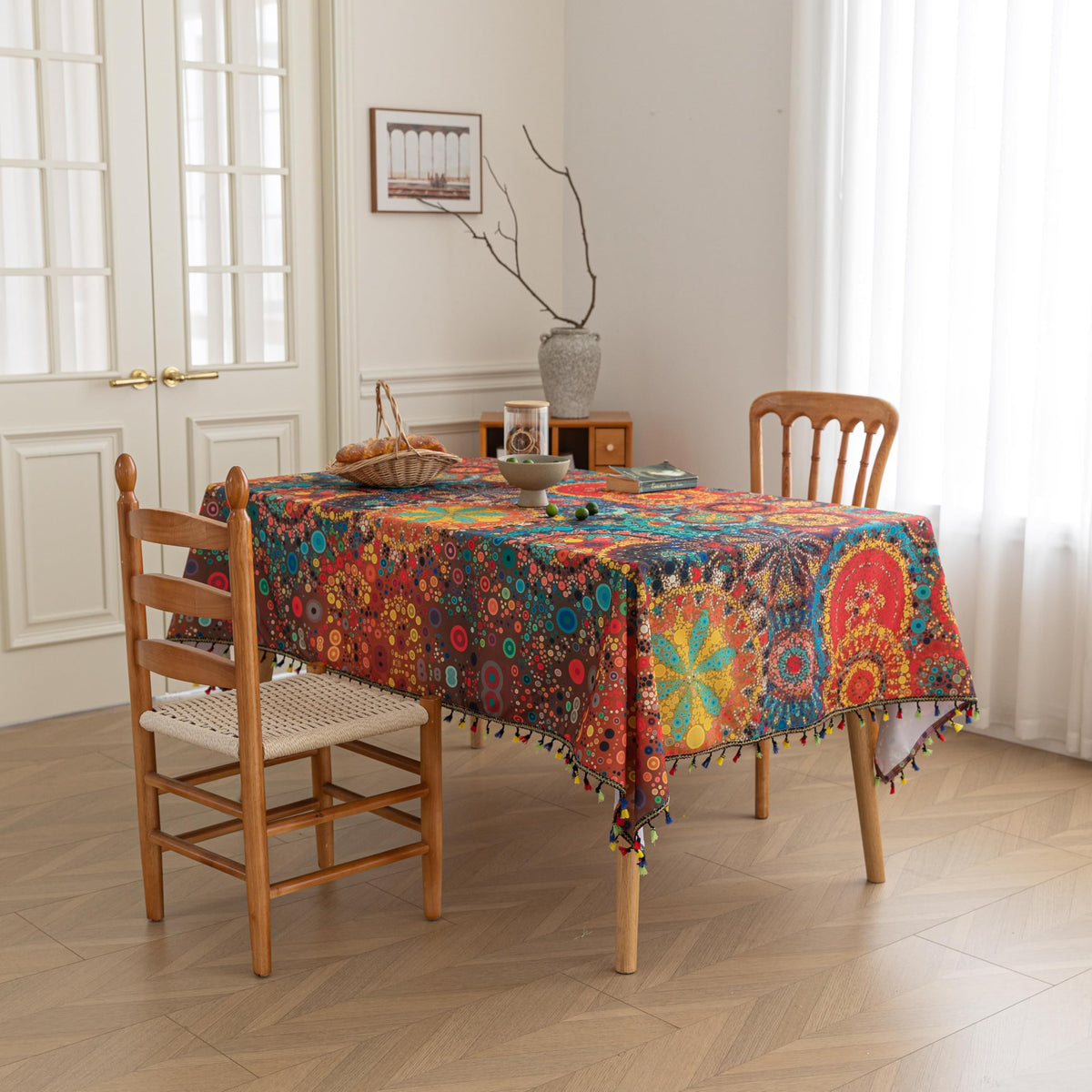 Boho Tablecloth for Square Tables, Fringed Edges with Geometric Pattern Tablecloths, Farmhouse Floral Table Cover Cloth