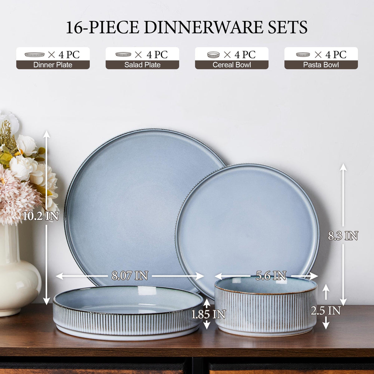 16 Piece Dinnerware Sets, Plates and Bowls with Pasta Bowls Service for 4, Modern Stoneware Ribbed Dishes Dining