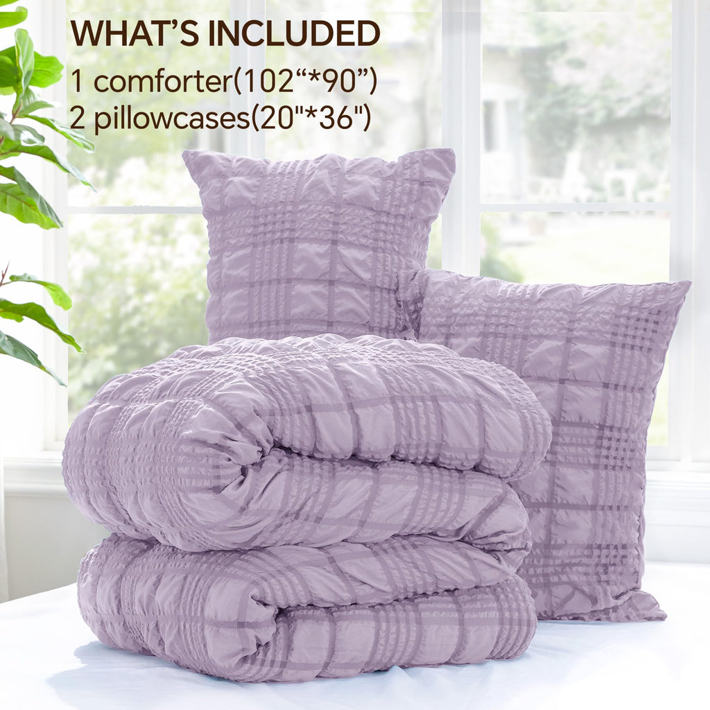Comforter Set, Seersucker Bedding Set 3 Pieces, Lavender