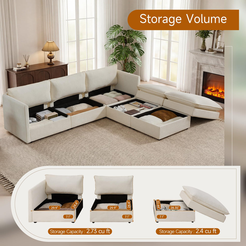 Modular Sofa with Storage, 103" U-Shape Sectional Cloud Couch, Oversized Fabric Couch with Movable Ottoman, 5 Seat