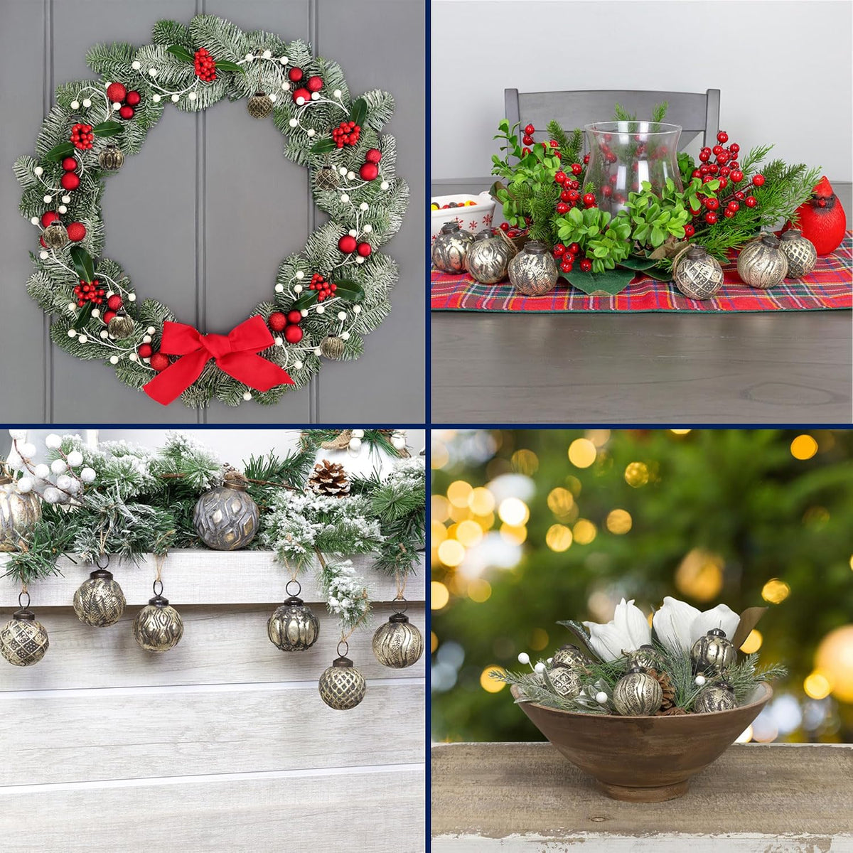 Farmhouse Ball Ornaments (Set of 6, 2", Antique Gold); Distressed Metal Tin Glass Ball Vintage Style