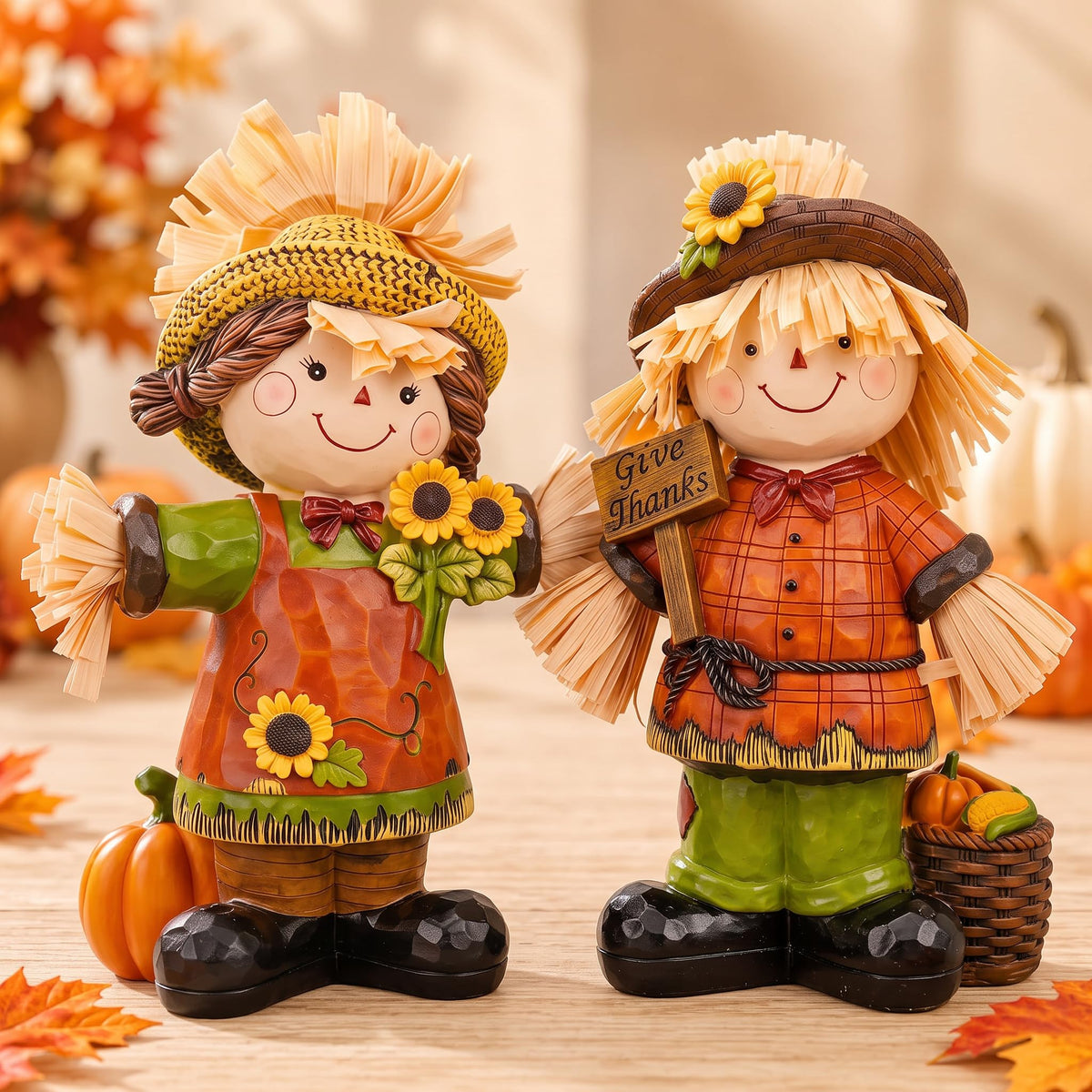 7" Fall Scarecrow Figurines, 2 Pack Thanksgiving Table Decor