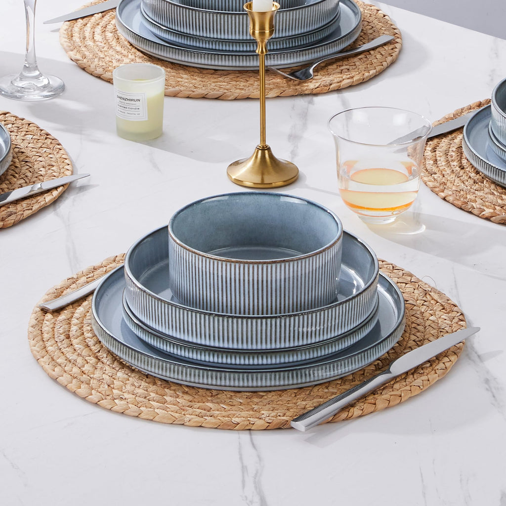 16 Piece Dinnerware Sets, Plates and Bowls with Pasta Bowls Service for 4, Modern Stoneware Ribbed Dishes Dining