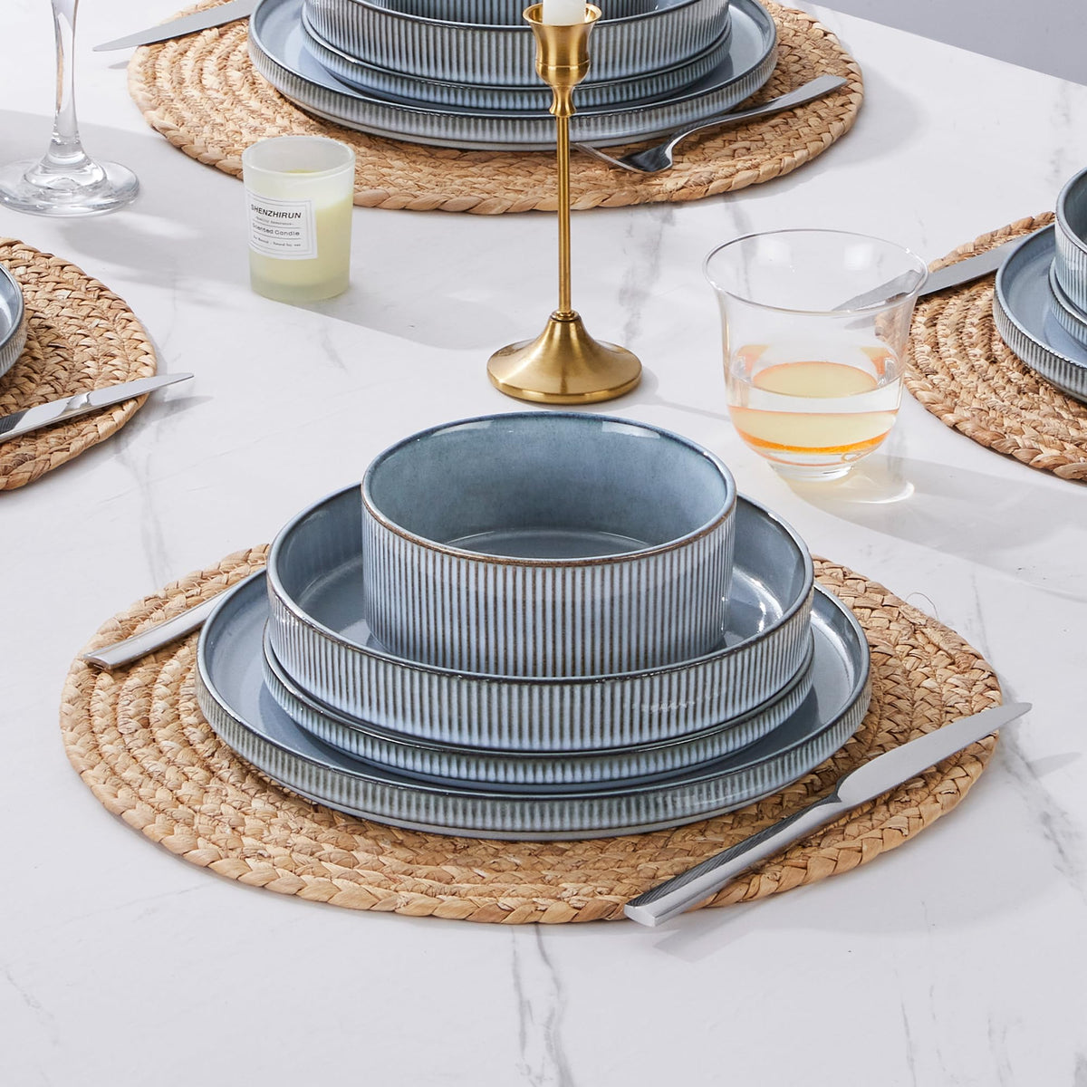 16 Piece Dinnerware Sets, Plates and Bowls with Pasta Bowls Service for 4, Modern Stoneware Ribbed Dishes Dining