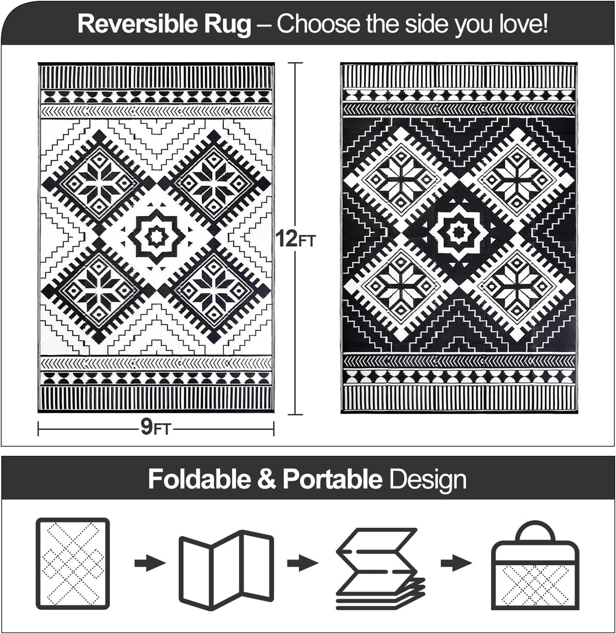 Waterproof Outdoor Rug, Boho Reversible Plastic Straw Mat RV Deck Porch Backyard Balcony Camping Picnic Beach