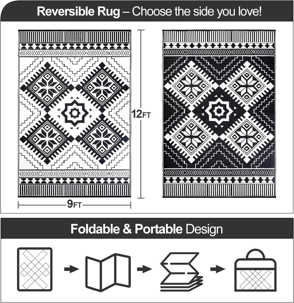 Waterproof Outdoor Rug, Boho Reversible Plastic Straw Mat RV Deck Porch Backyard Balcony Camping Picnic Beach