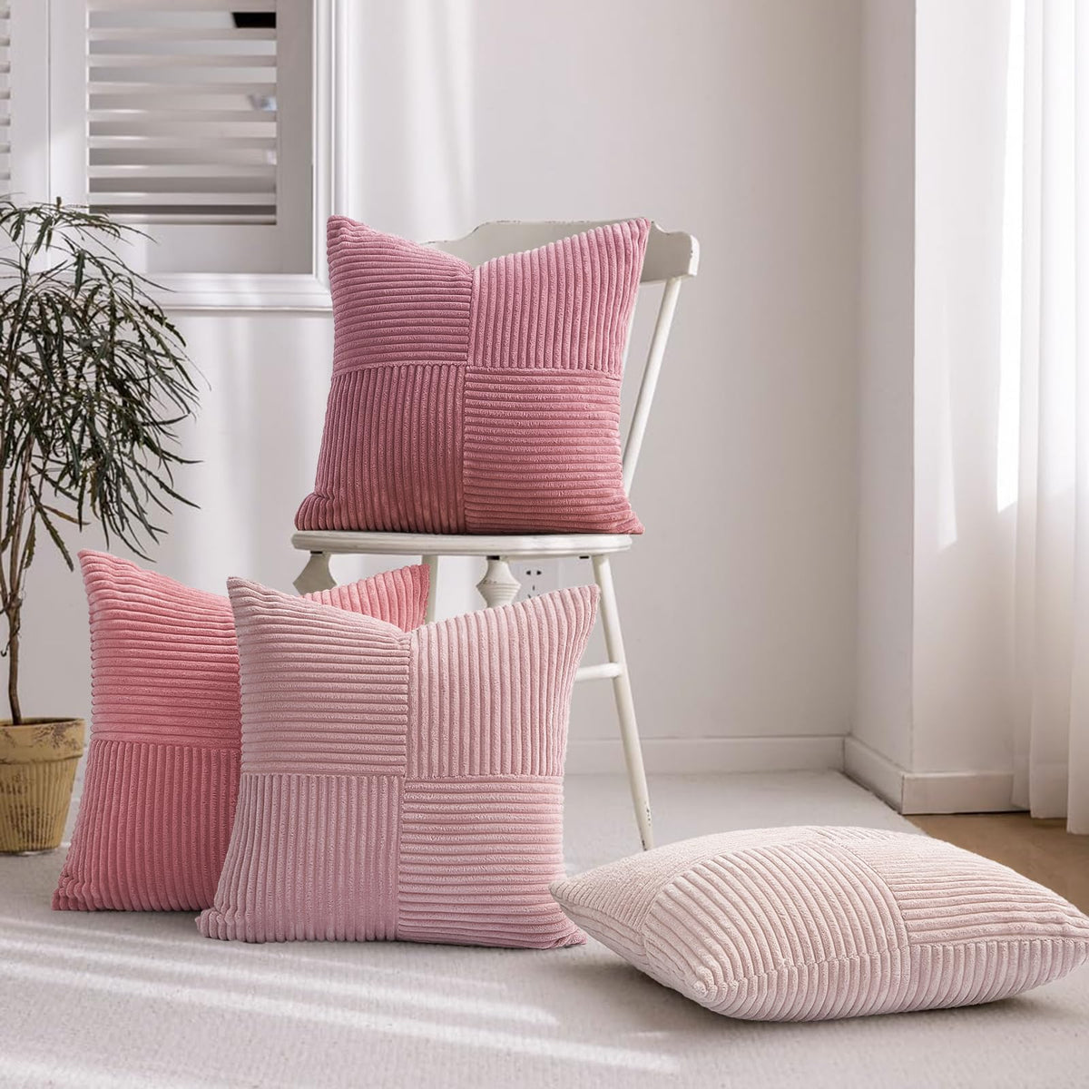 BlushPink Throw Pillow Covers 24x24 Set of 4, Baby Pink Boho Soft Corduroy Home Decor Cushion Cases for Couch, Living