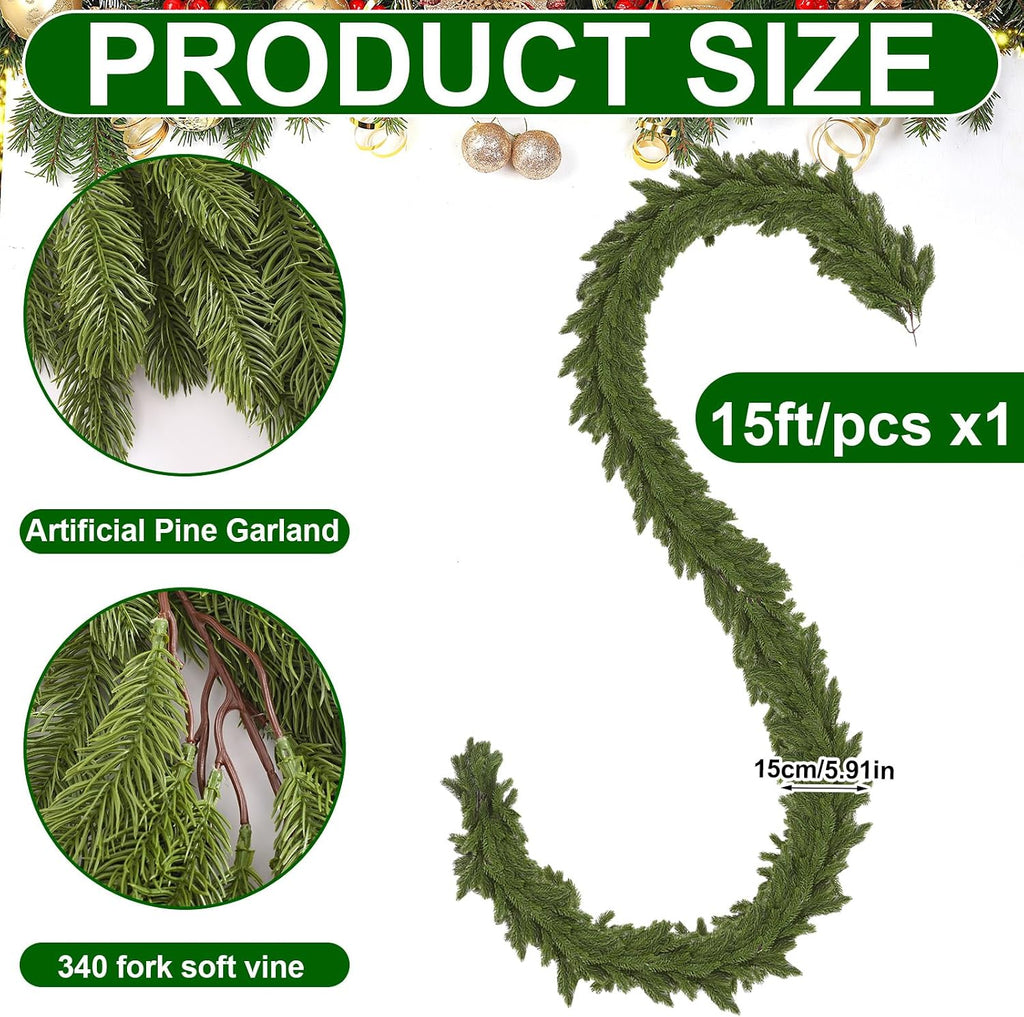 1 Pcs 15 ft Deluxe Thick Christmas Pine Garland Faux Greenery Garland