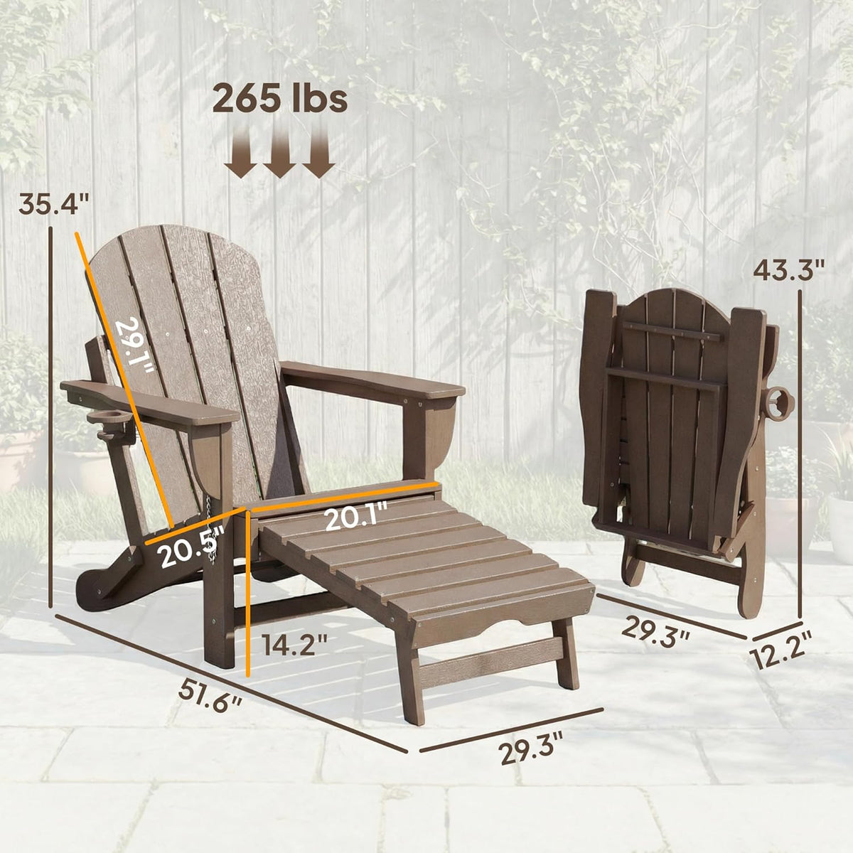 Folding Adirondack Chair Set of 2 with Retractable Ottoman Brown | Outdoor HDPE Fire Pit Chair, Cup Holder, Large