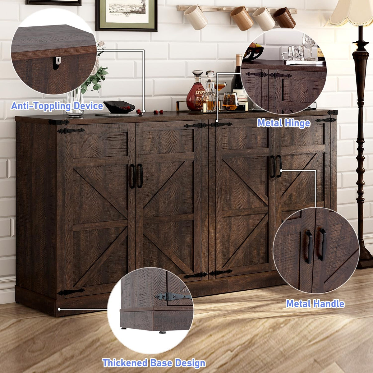 Sideboard Buffet Cabinet with Storage - 65 Inch Farmhouse Kitchen Pantries Sideboard Cabinets with Adjustable Shelves