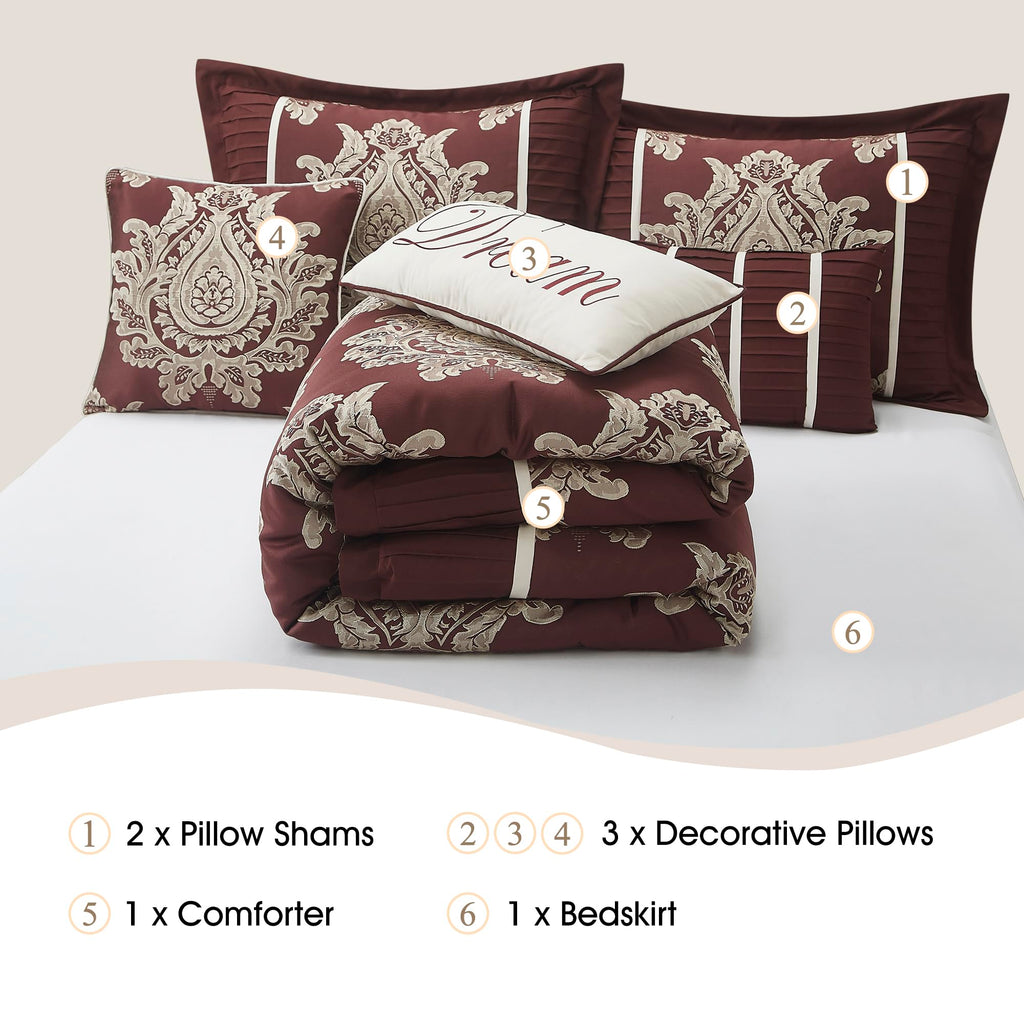 Burgundy Comforter Set, 7 Piece Damask Patchwork Bedding, Jacquard with Matching Solid Piecework Bedding