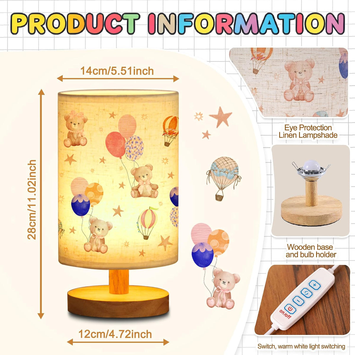 Bear Kids Table Lamp Kids Bedside Lamp with Linen Wooden Nightstand Cartoon Nursery Lampshade for Girls Boys Living