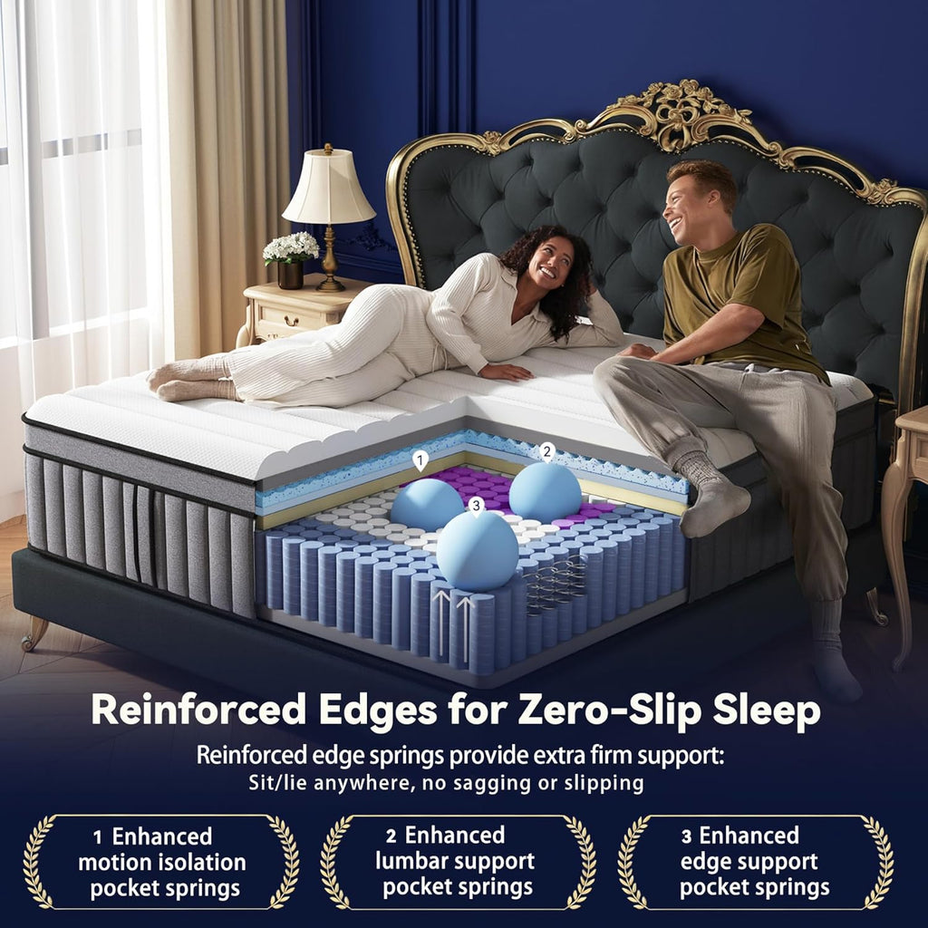 Upgraded Luxury 16 Inch King Size Hybrid Mattress in a Box, Medium Firm | Memory Foam & Pocket Springs, Reinforced