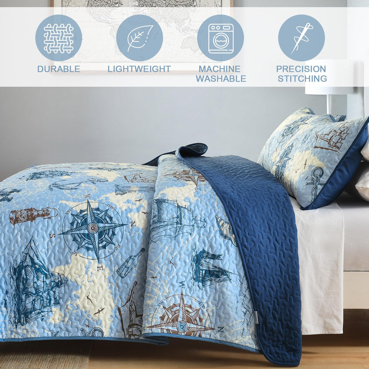 Ocean Coastal Quilt, 3 Pcs Beach Theme Bedspread Bedding Set