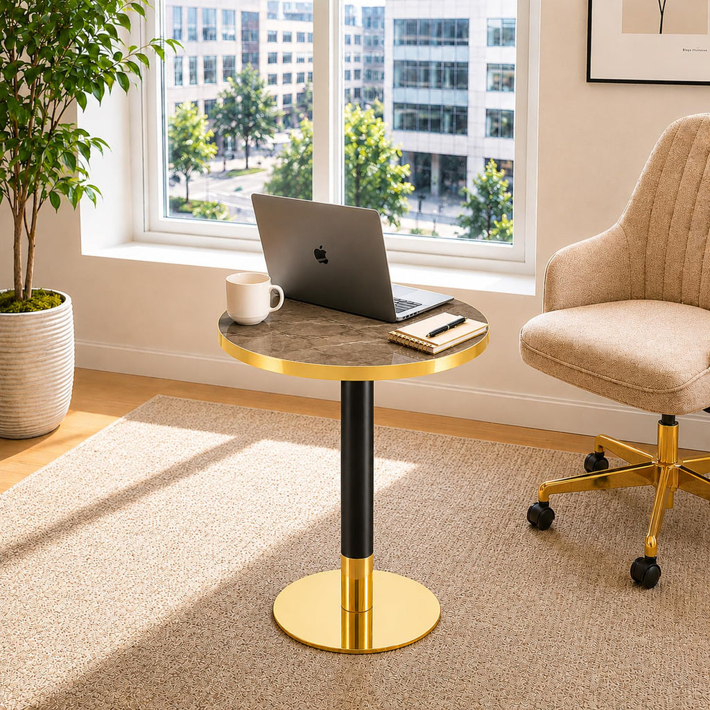 Inspired Saarinen Style 23.6" Small Round Dining Table for 2, Circle Tulip Table, Faux Marble Top with Gold Metal Pedestal Base, Modern