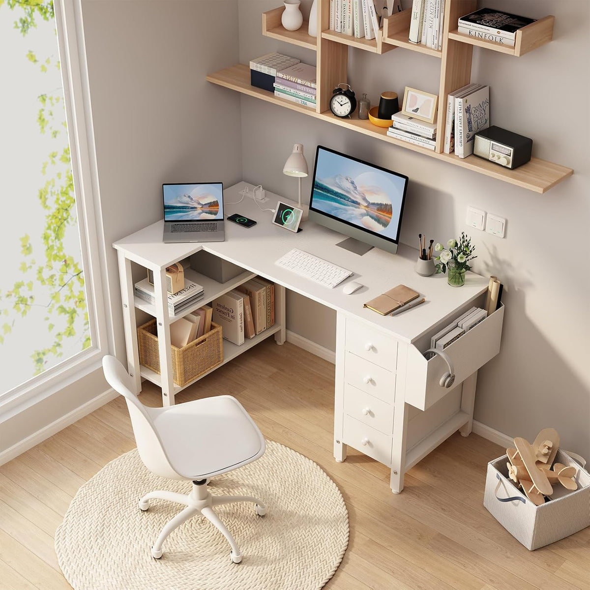 White L Shaped Computer Desk with Drawers & Storage Shelves, 47 Inch Corner Reversible Desk with Power Outlet Bedroom