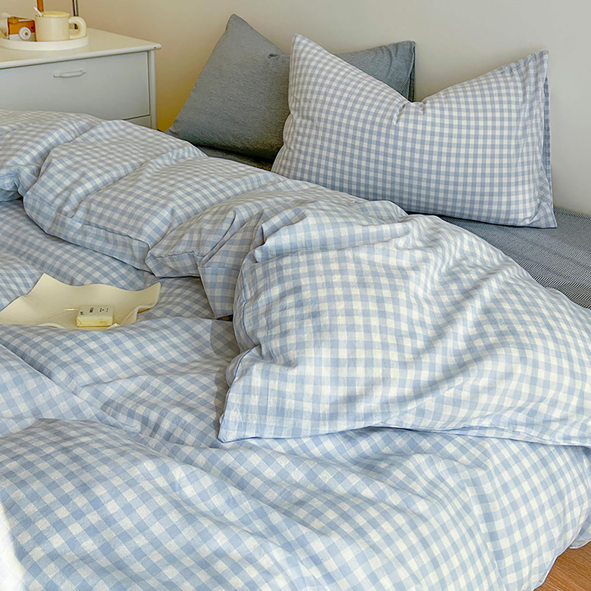 Gingham Comforter Set 3 Pieces, Soft Breathable Bed in a Bag, Light Blue White Checkered Plaid Bedding