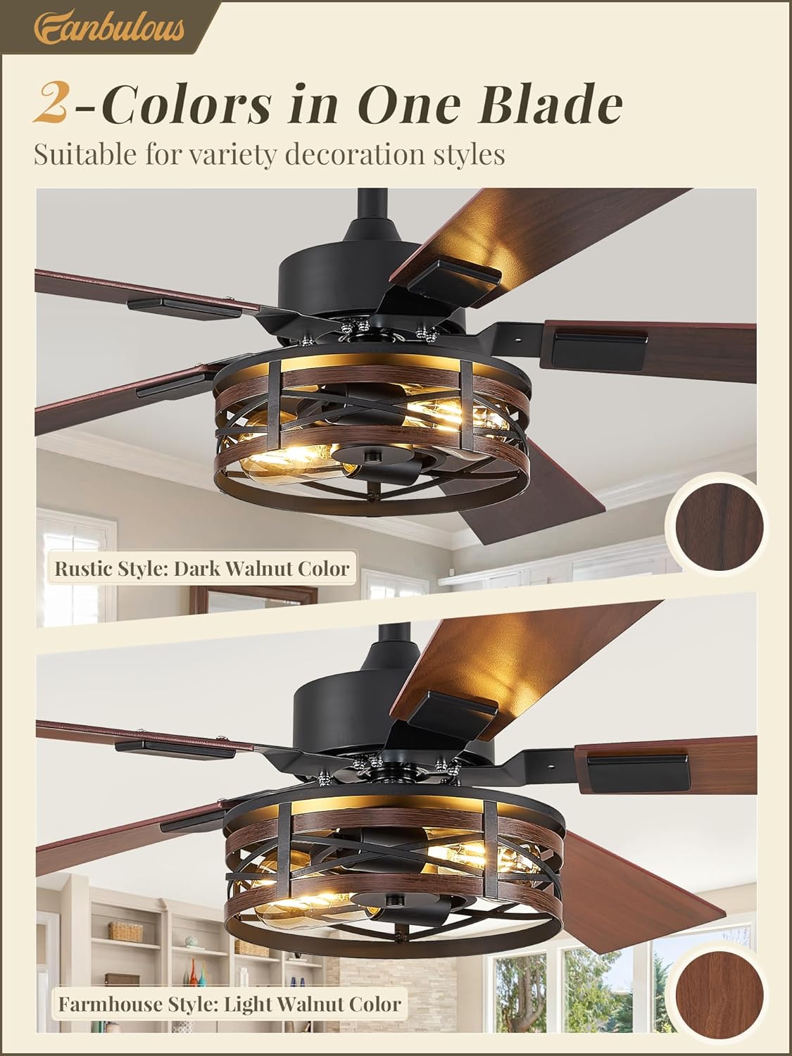 Farmhouse Ceiling Fans with Light, 48 Inch Bedroom Ceiling Fan with Lights, 6-Speed Adjustable