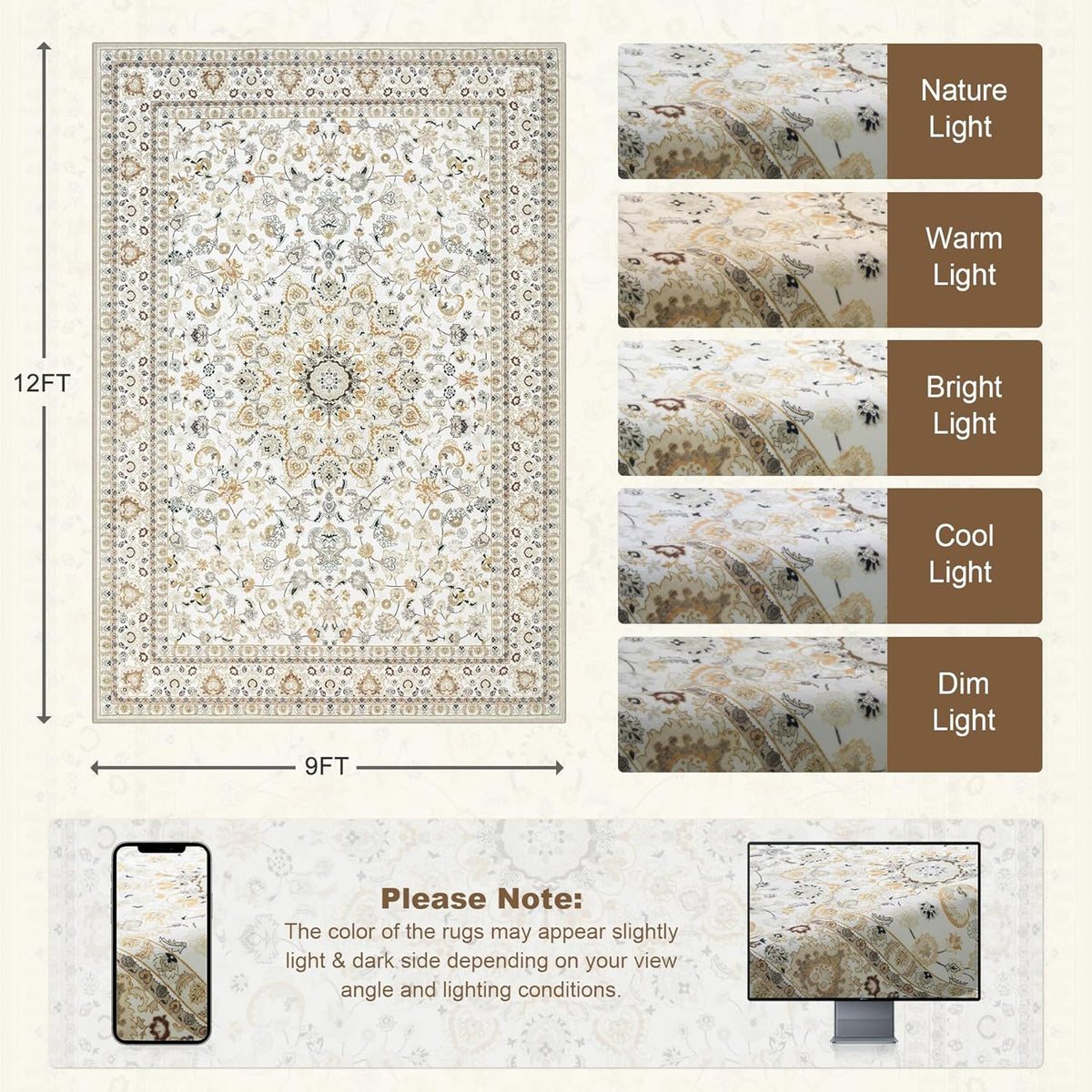 Area Rugs Living Room Rug: Washable Rug Soft Vintage Boho Carpet Indoor Floor Non-Slip Stain Resistant Large